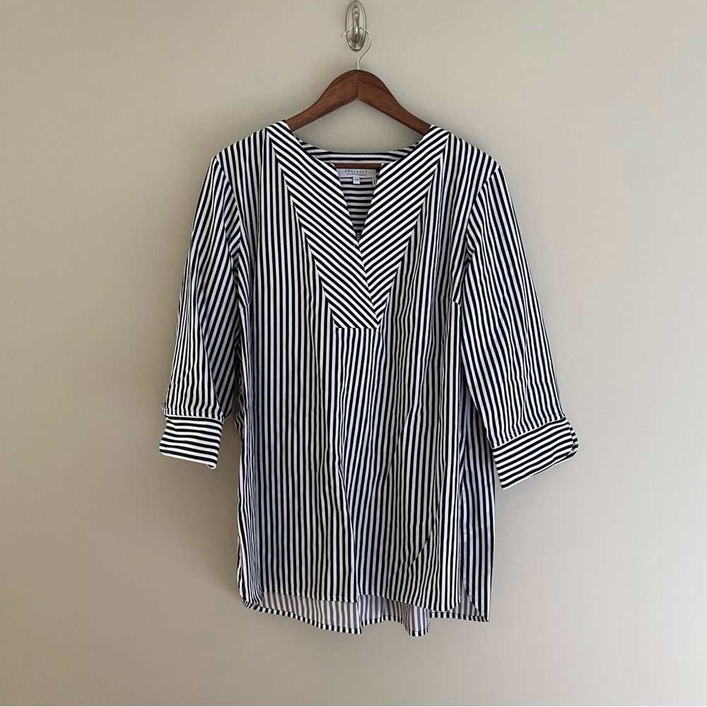 FOXCROFT FOR APPLESEED'S Black and White Striped Non-Iron Long Sleeve Tunic